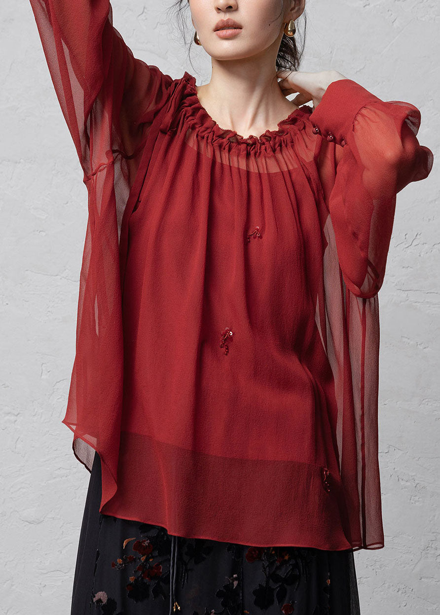 Red Patchwork Handmade Silk Shirt Tops Ruffled Fall