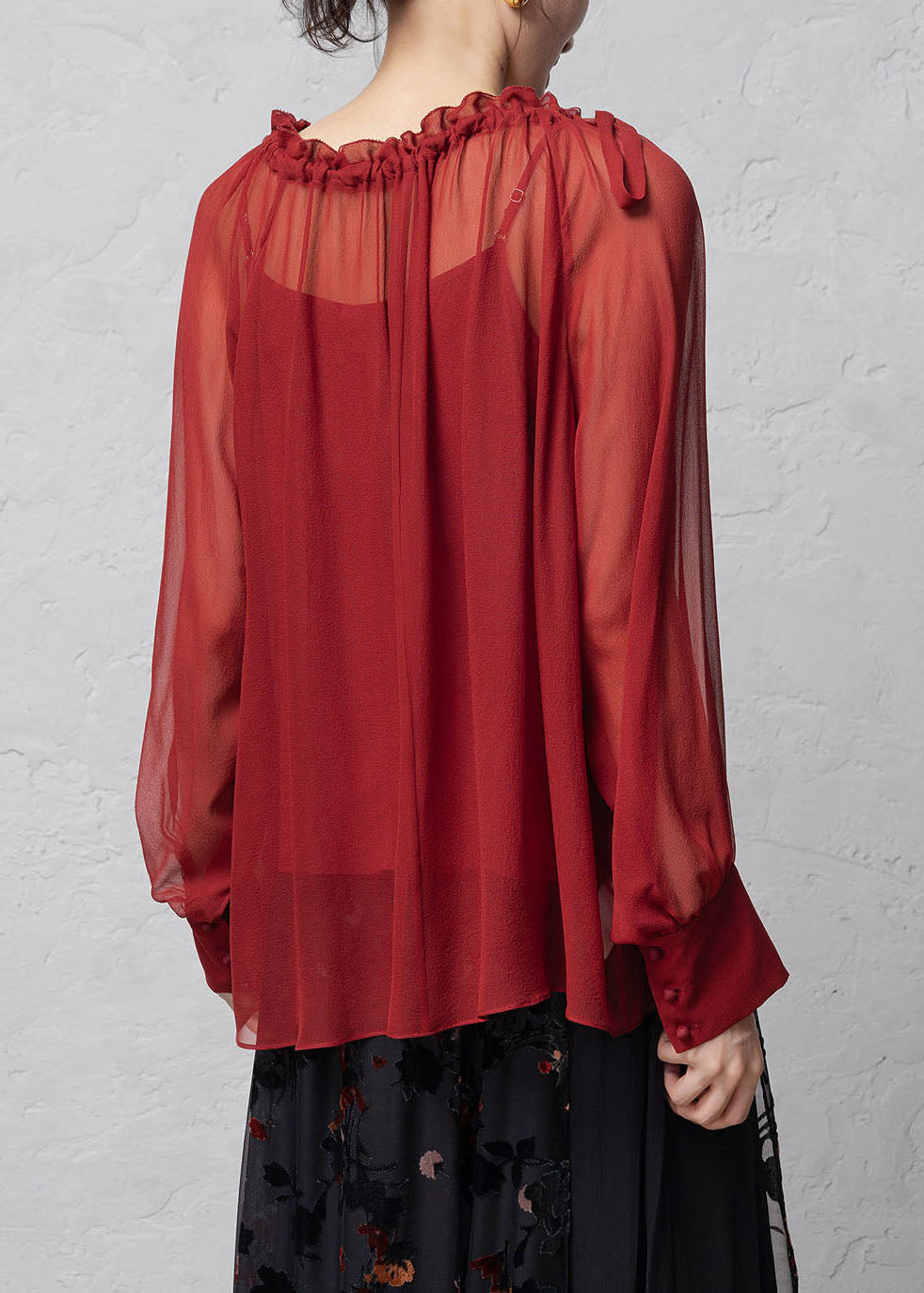 Red Patchwork Handmade Silk Shirt Tops Ruffled Fall