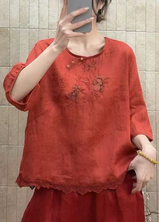 Red Patchwork Lace Shirt Tops Embroidered O-Neck Half Sleeve