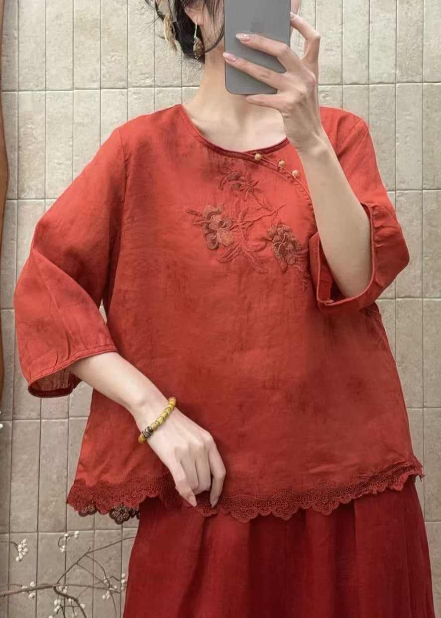 Red Patchwork Lace Shirt Tops Embroidered O-Neck Half Sleeve