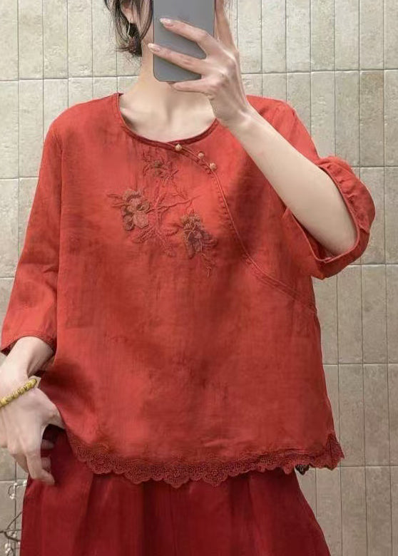 Red Patchwork Lace Shirt Tops Embroidered O-Neck Half Sleeve