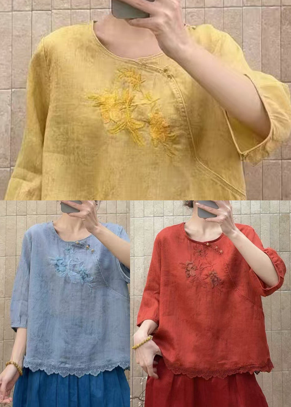 Red Patchwork Lace Shirt Tops Embroidered O-Neck Half Sleeve