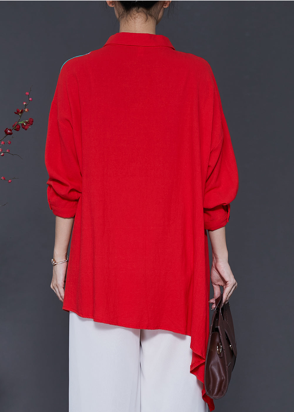 Red Patchwork Linen Blouse Top Oversized Spring