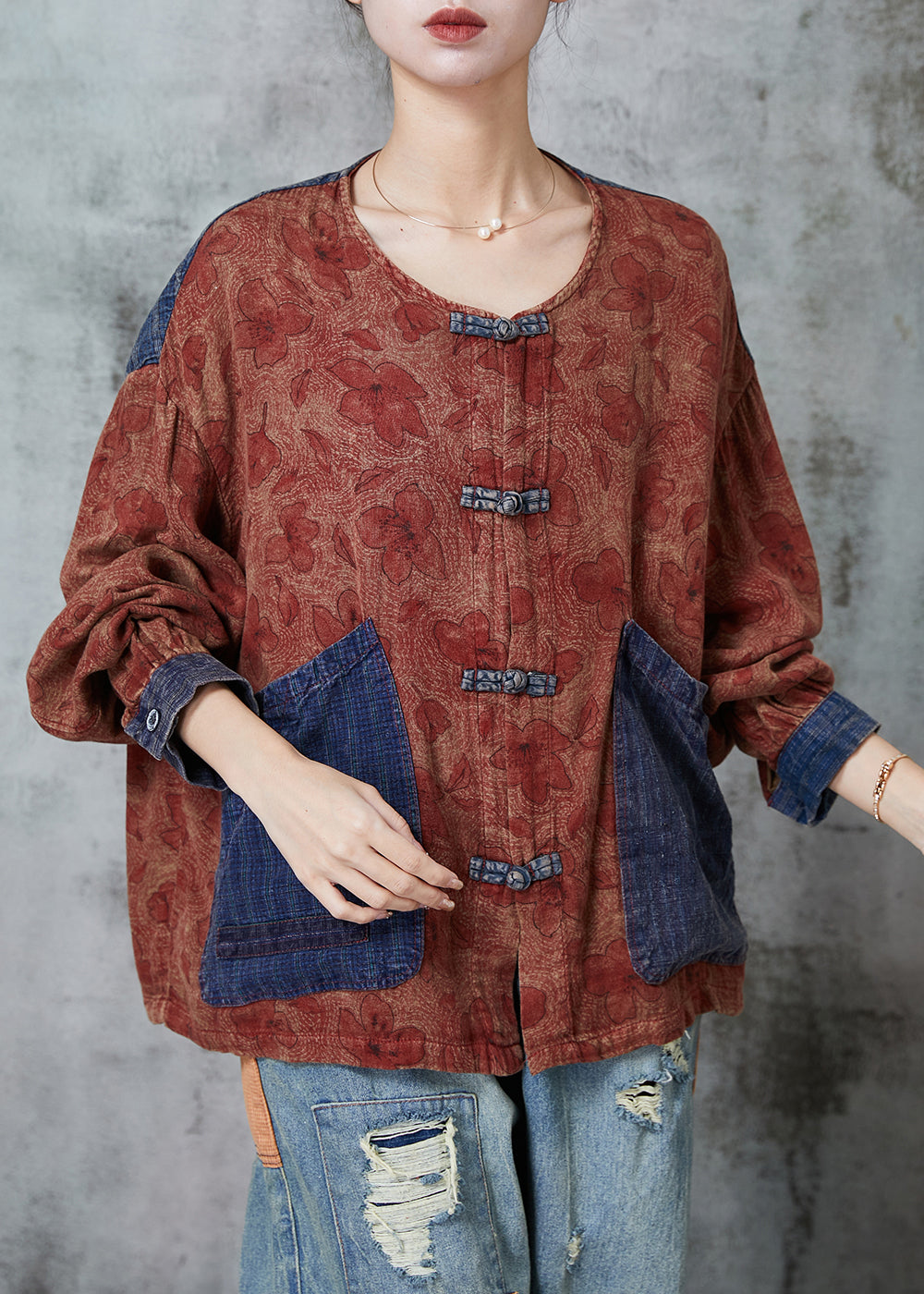 Red Patchwork Linen Oriental Blouses Print Pockets Spring