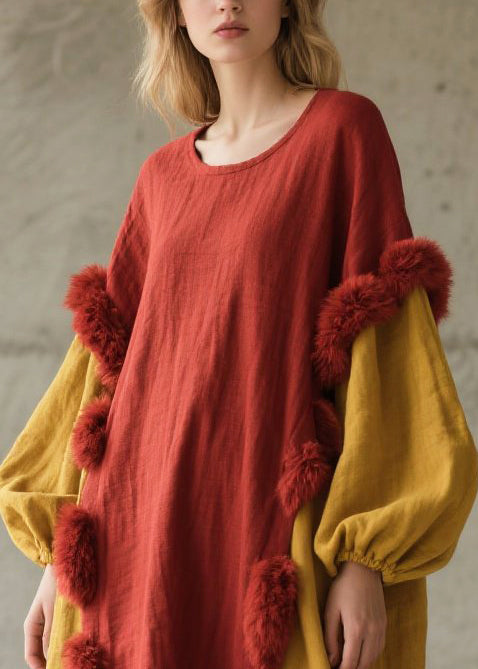 Red Patchwork Long Dress Oversized Fuzzy Ball Decorated Fall