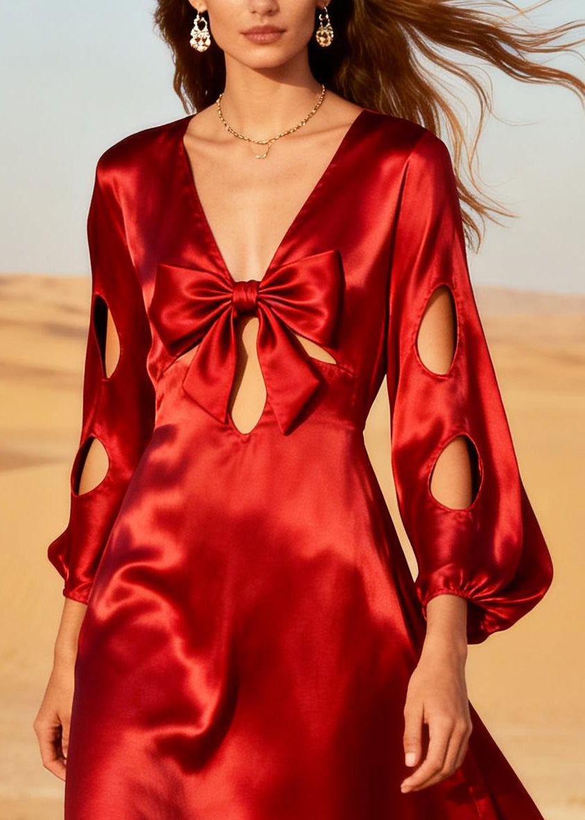 Red Patchwork Silk Holiday Dress Oversized Hollow Out Summer