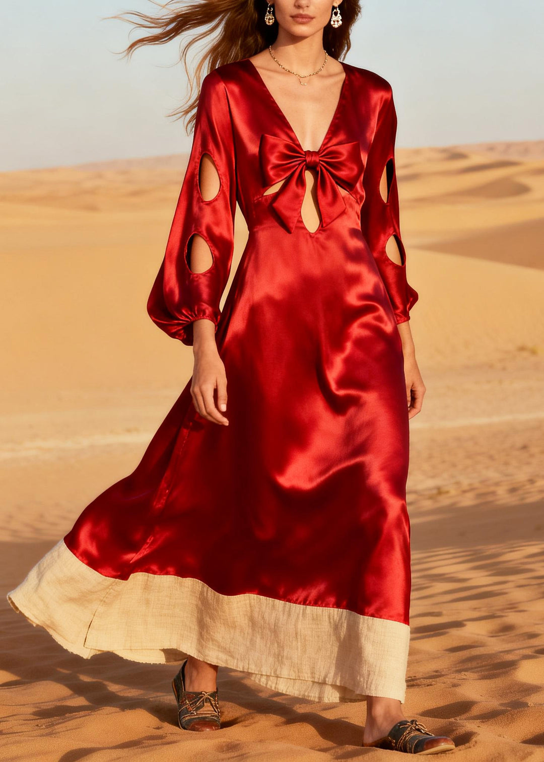 Red Patchwork Silk Holiday Dress Oversized Hollow Out Summer