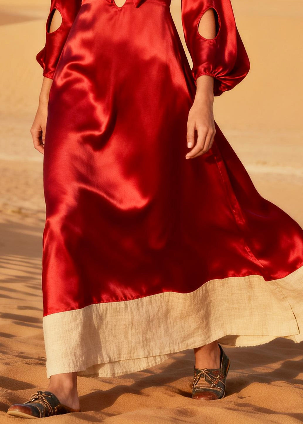 Red Patchwork Silk Holiday Dress Oversized Hollow Out Summer