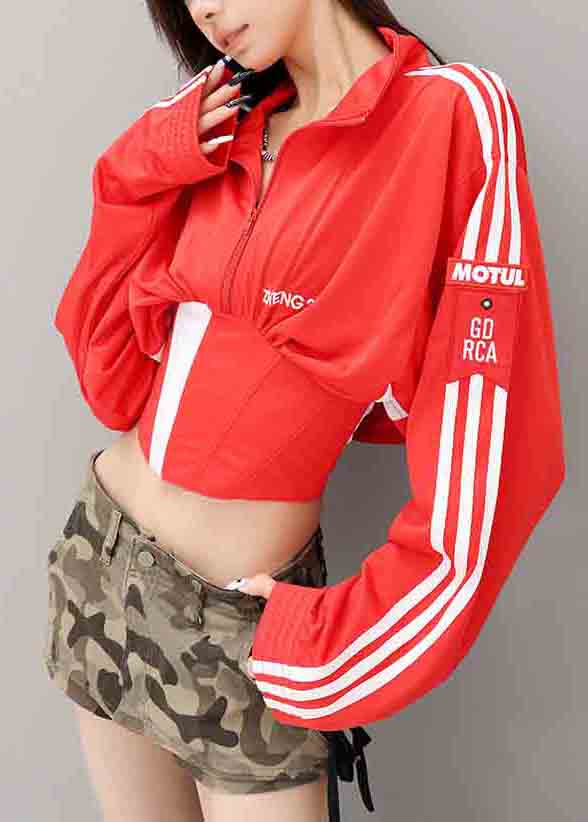 Red Patchwork Spandex Coats Back Cross Strap Fall