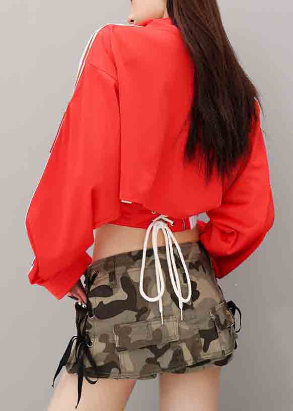 Red Patchwork Spandex Coats Back Cross Strap Fall