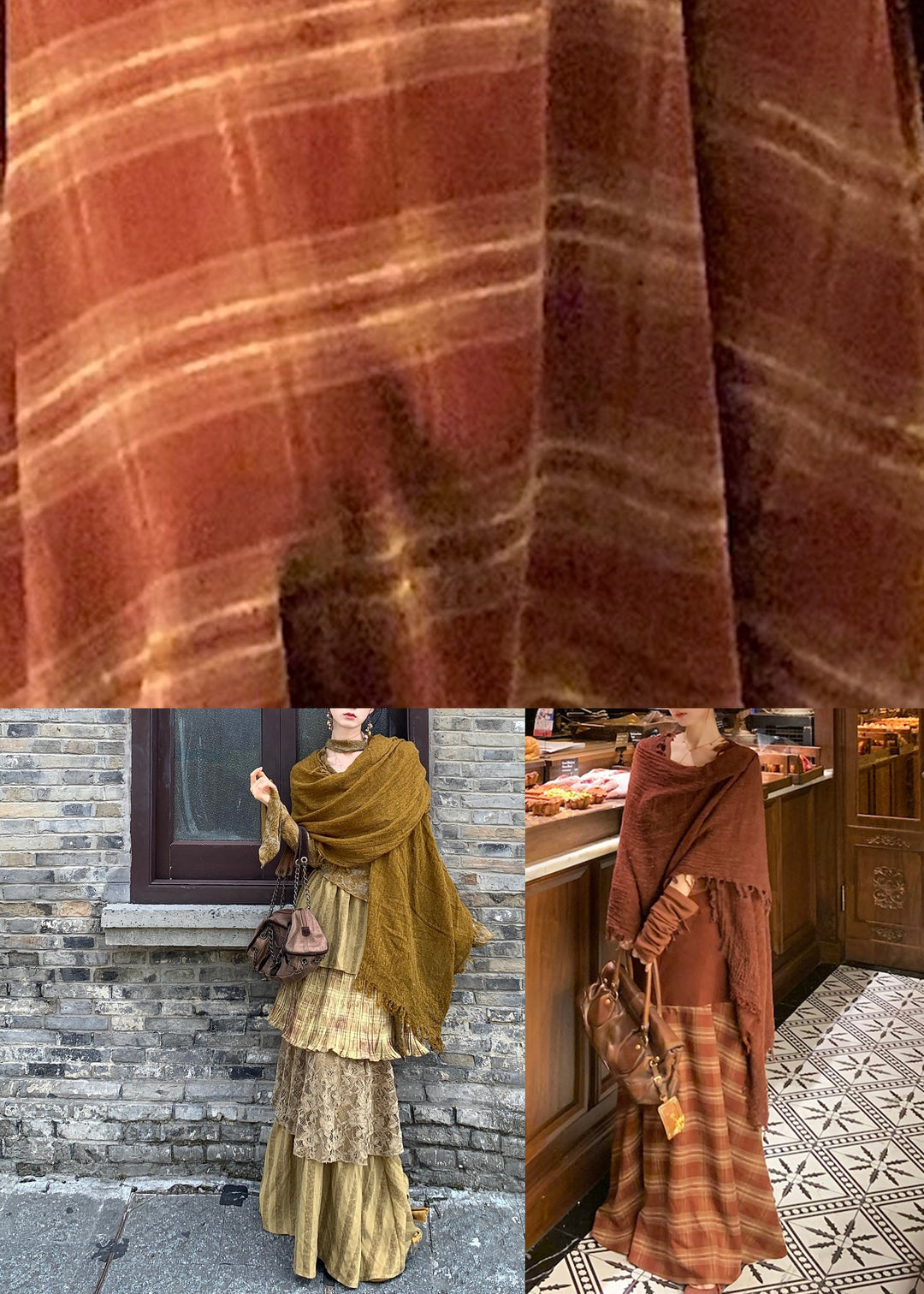 Red Patchwork Top, Maxi Skirts And Scarf Three Pieces Set Fall