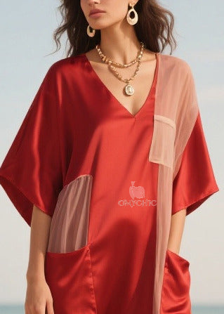 Red Patchwork Tulle Robe Dresses Asymmetrical Summer