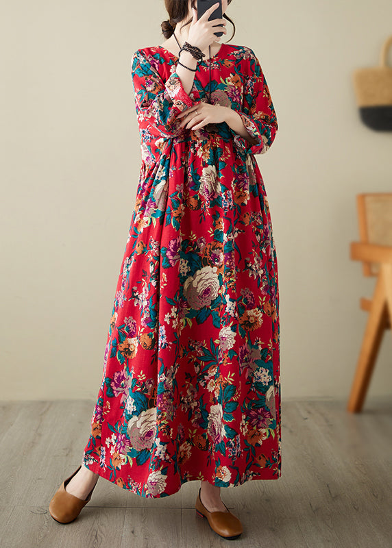 Red Patchwork Wrinkled Maxi Dress Long Sleeve
