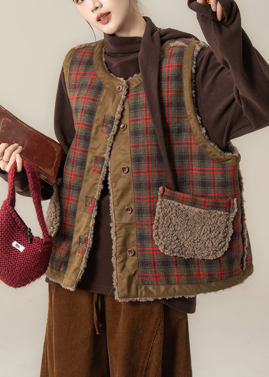 Red Plaid Patchwork Wear On Both Sides Thick Faux Fur Waistcoat Sleeveless