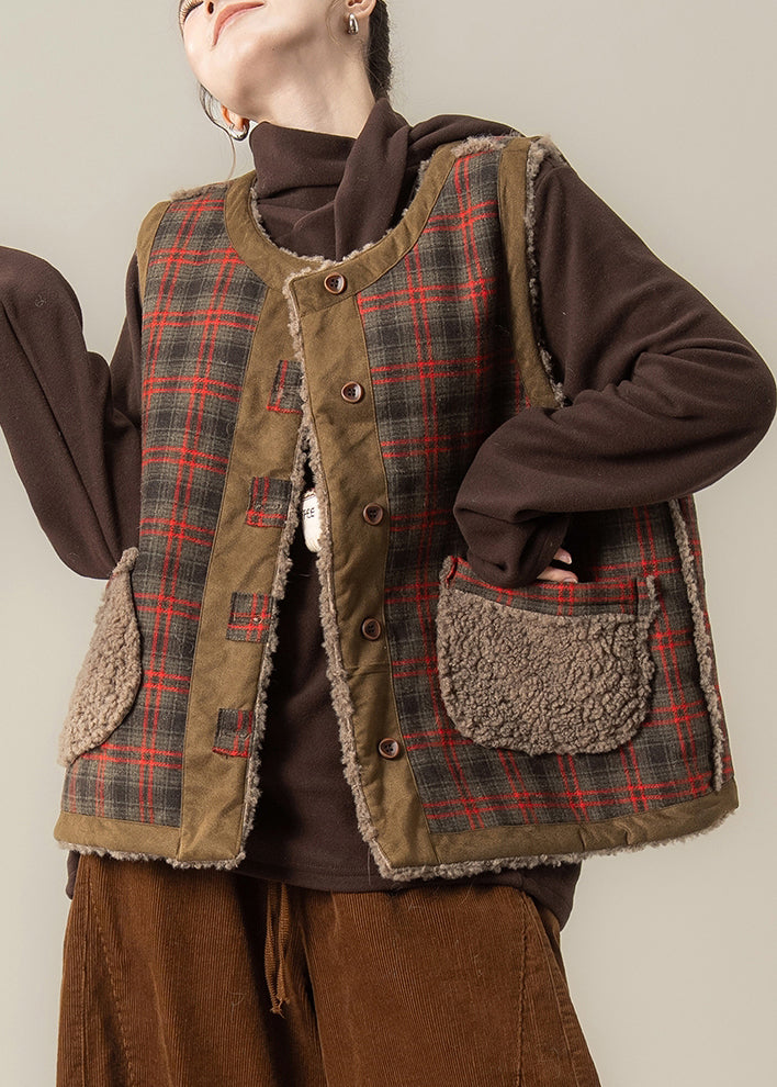 Red Plaid Patchwork Wear On Both Sides Thick Faux Fur Waistcoat Sleeveless