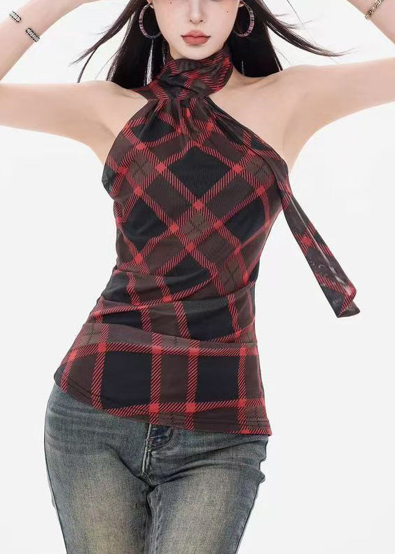 Red Plaid Slim Fit Cotton Tank Cold Shoulder Sleeveless