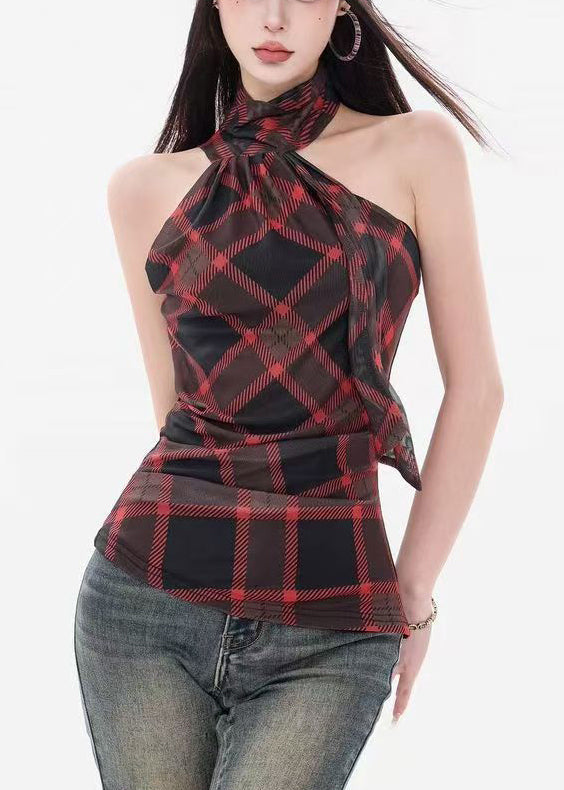 Red Plaid Slim Fit Cotton Tank Cold Shoulder Sleeveless