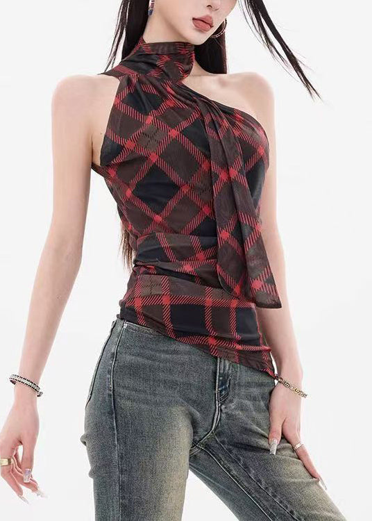 Red Plaid Slim Fit Cotton Tank Cold Shoulder Sleeveless