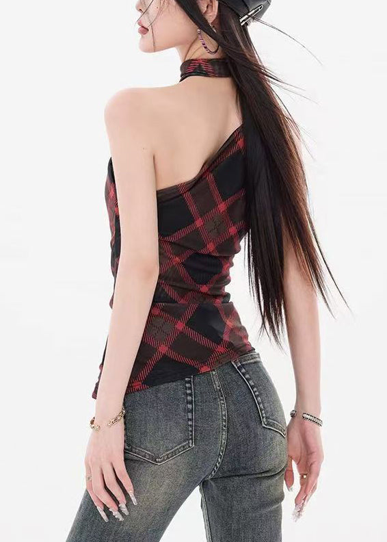 Red Plaid Slim Fit Cotton Tank Cold Shoulder Sleeveless