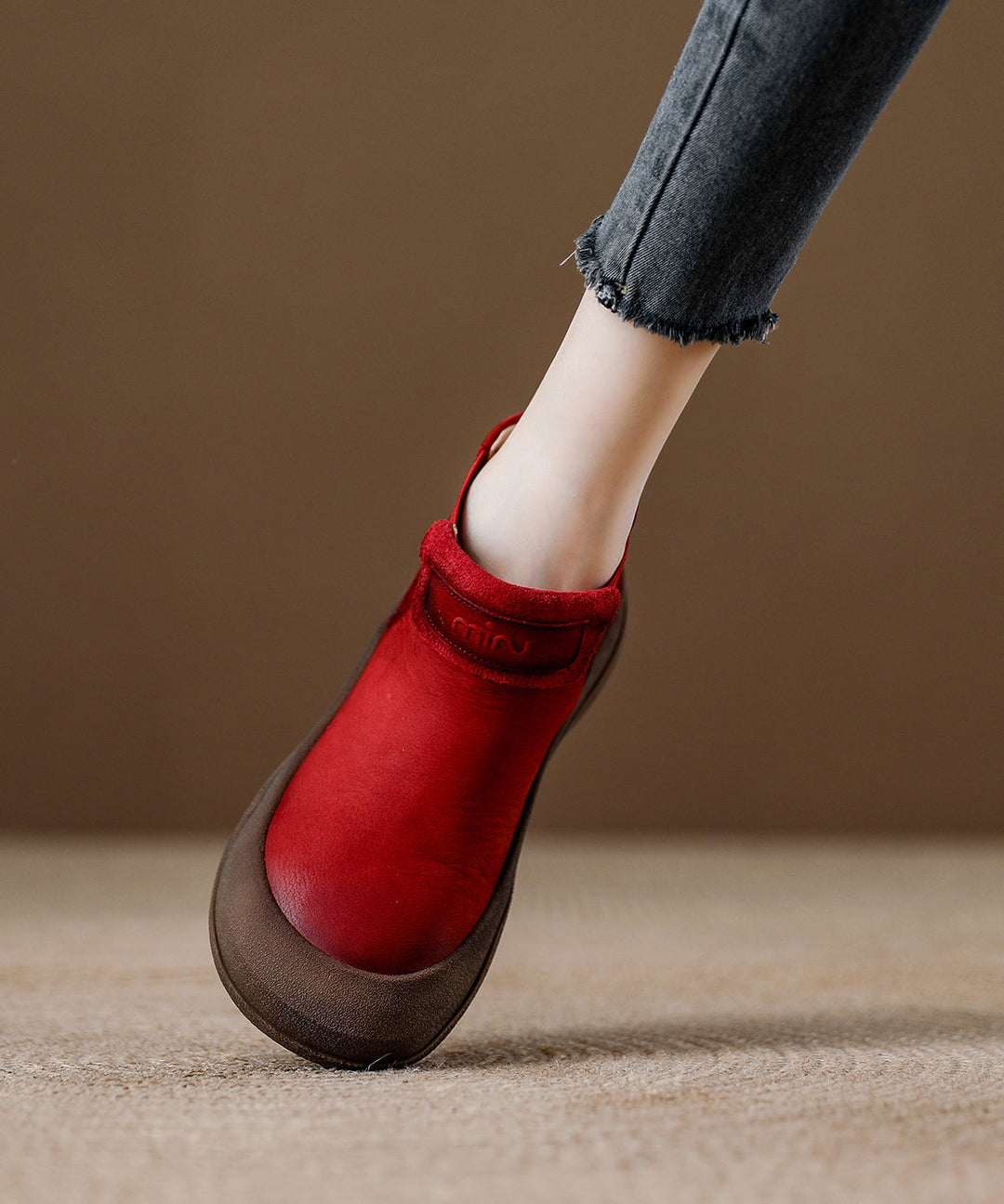 Red Platform Cowhide Leather Comfy Splicing Boots