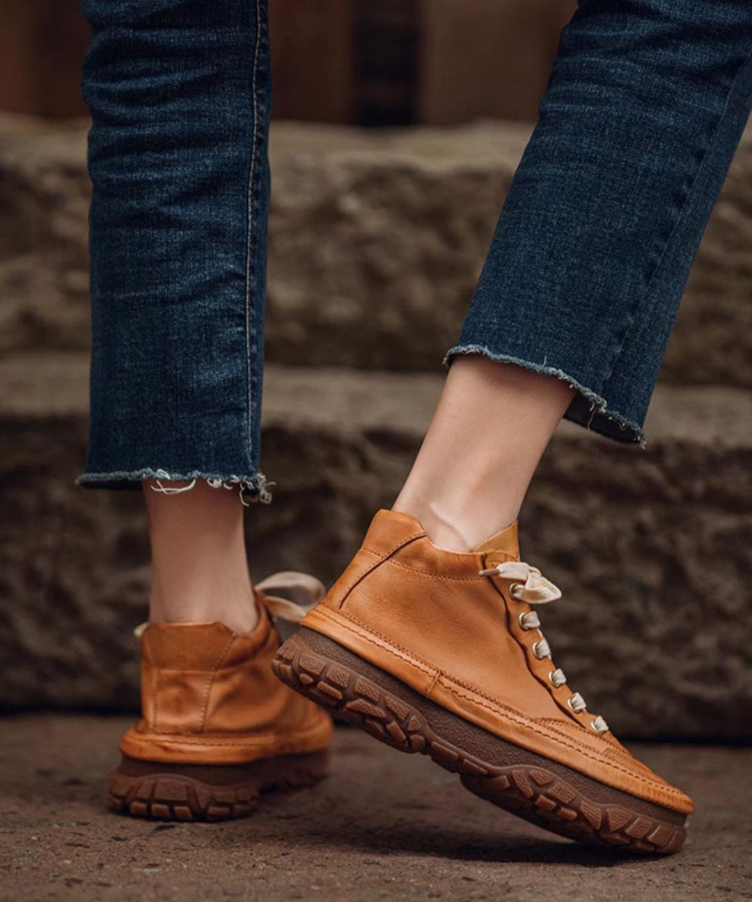 Red Platform Shoes Cowhide Leather Stylish Splicing Lace Up