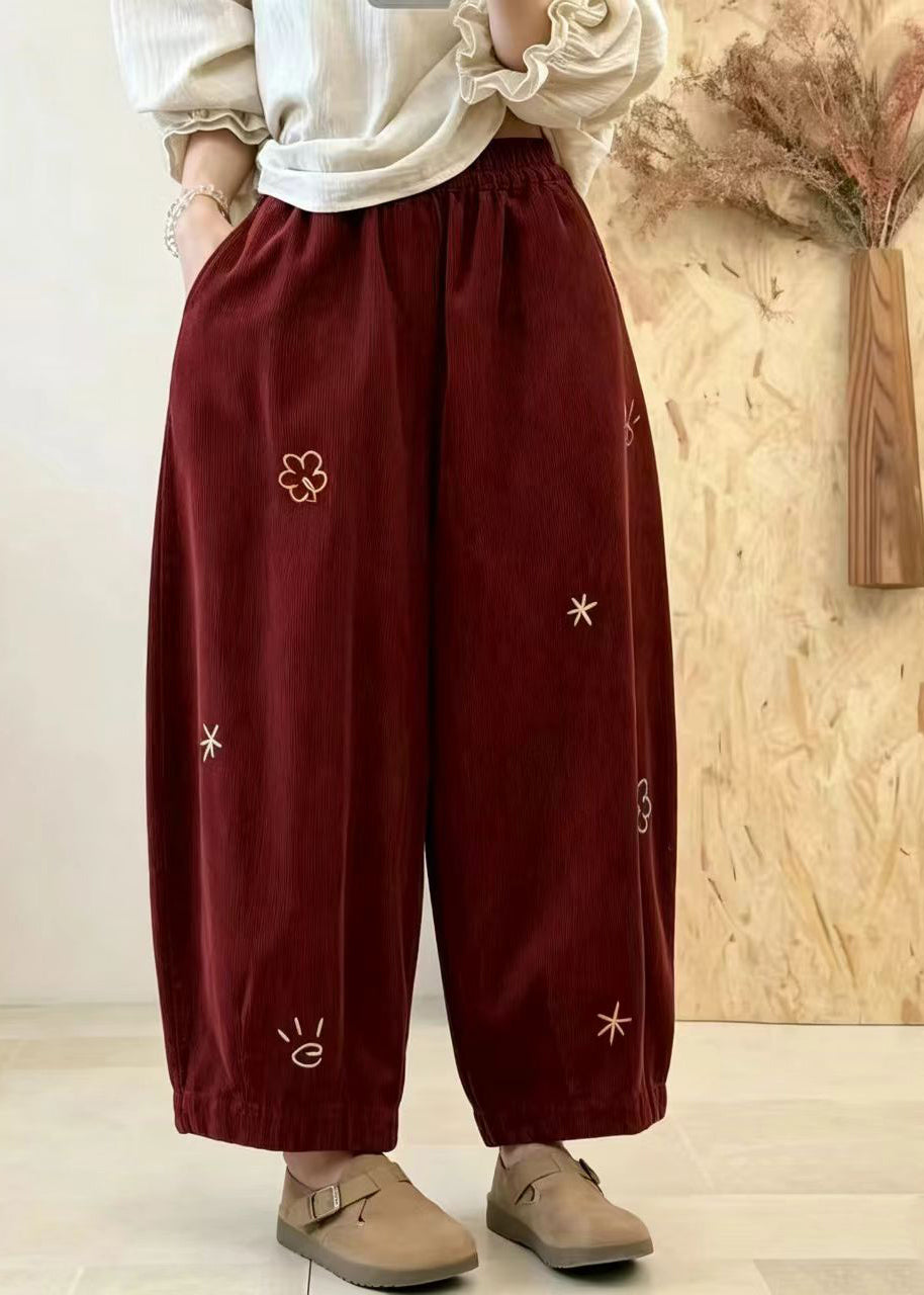 Red Pockets Corduroy Balloon Crop Pants Embroidered Fall