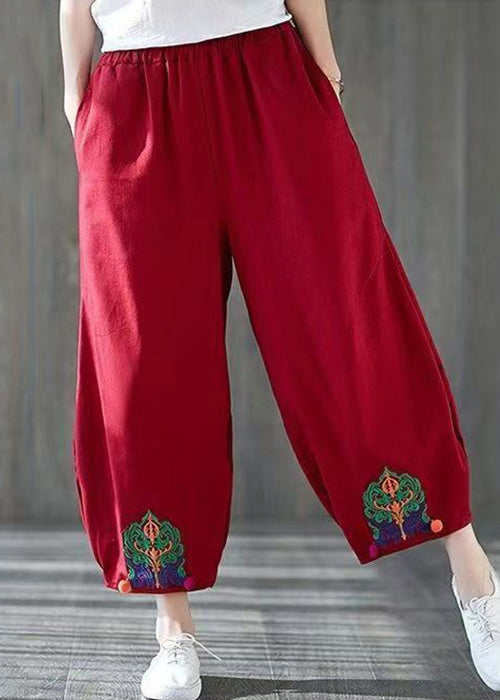 Red Pockets High Waist Cotton Crop Pants Embroidered