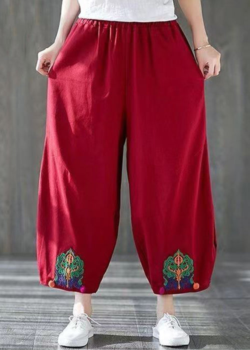 Red Pockets High Waist Cotton Crop Pants Embroidered