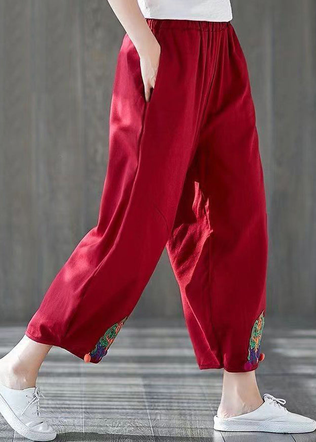 Red Pockets High Waist Cotton Crop Pants Embroidered