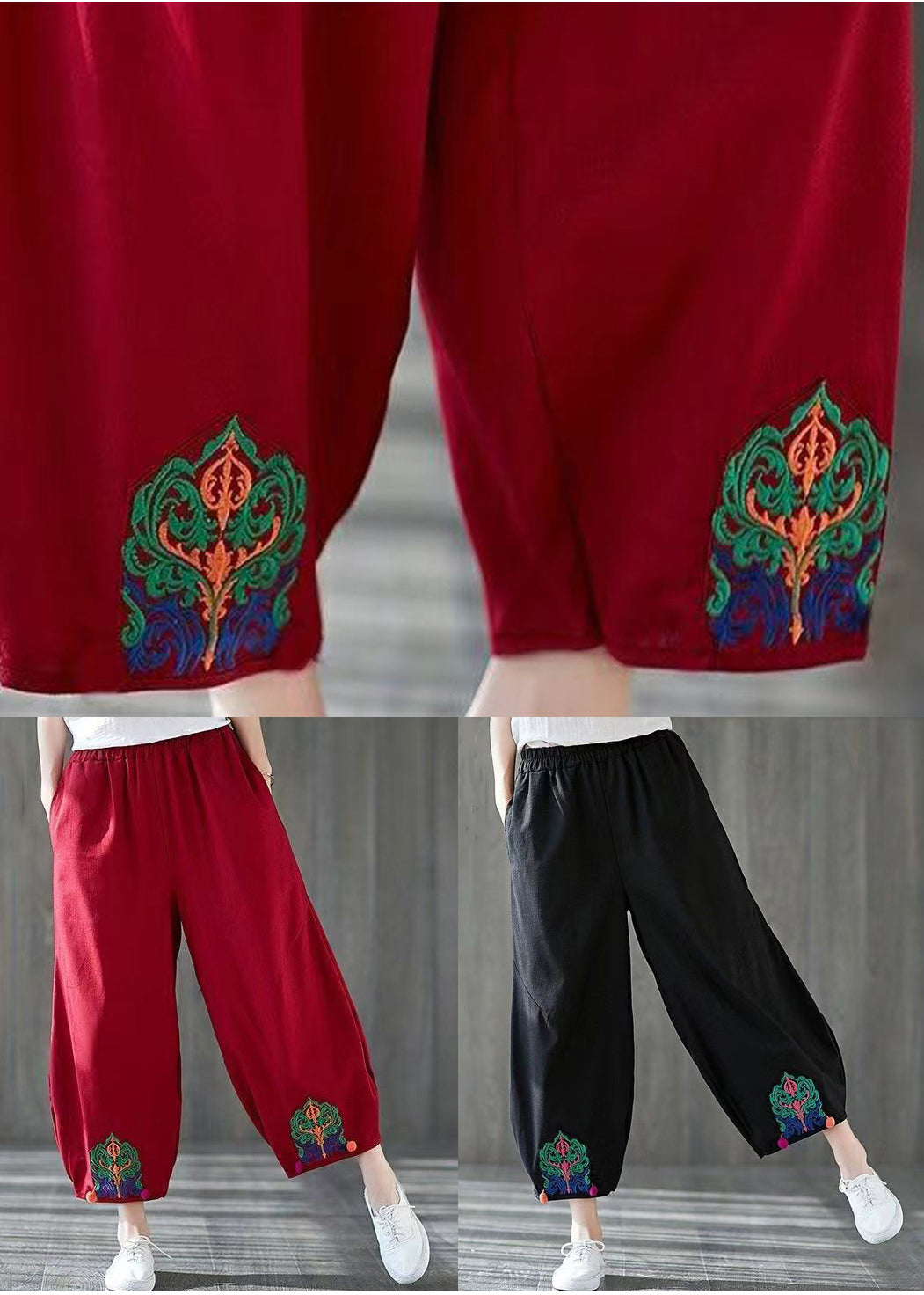 Red Pockets High Waist Cotton Crop Pants Embroidered