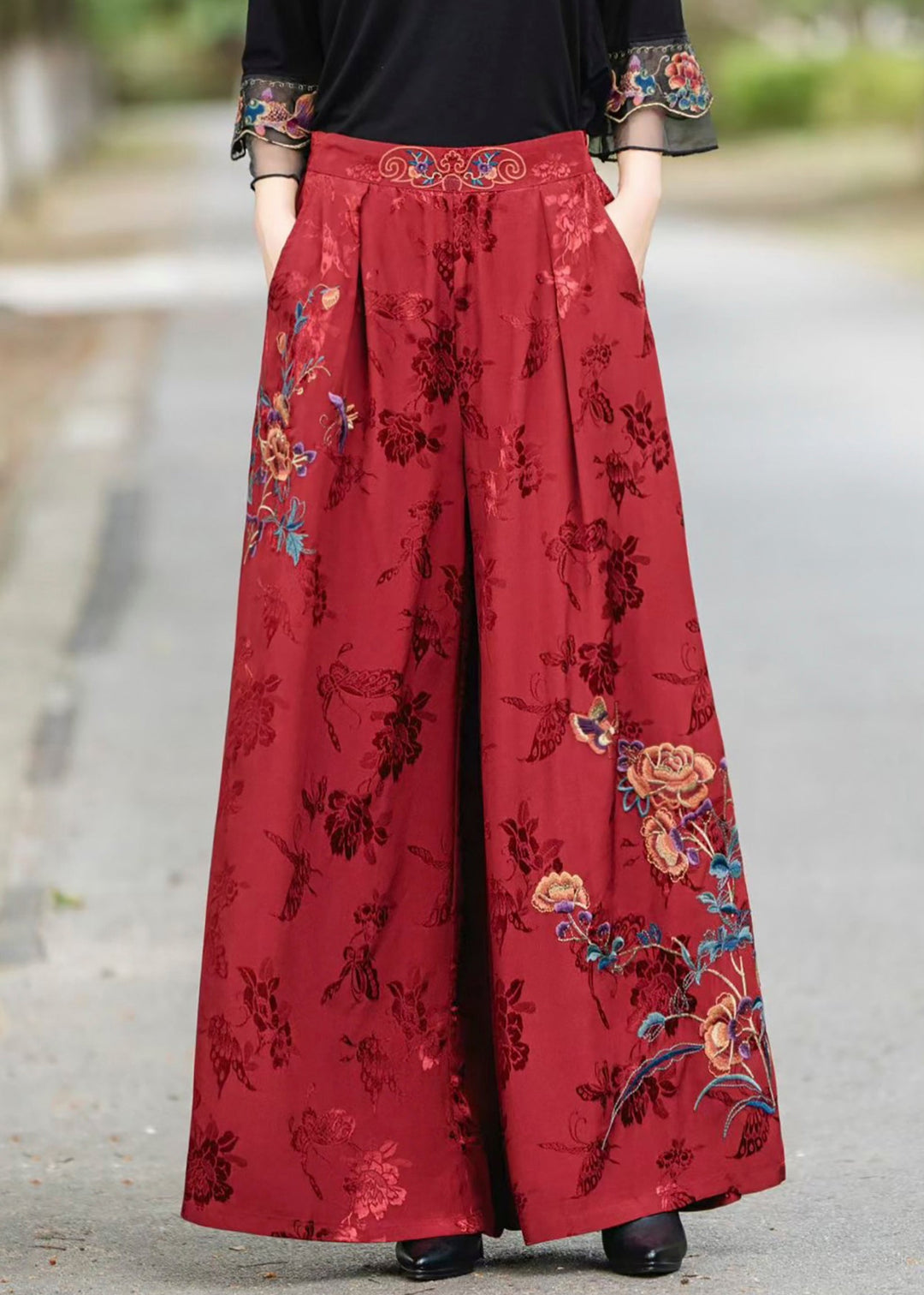 Red Pockets Jacquard Vintage Silk Pants Elastic Waist Fall