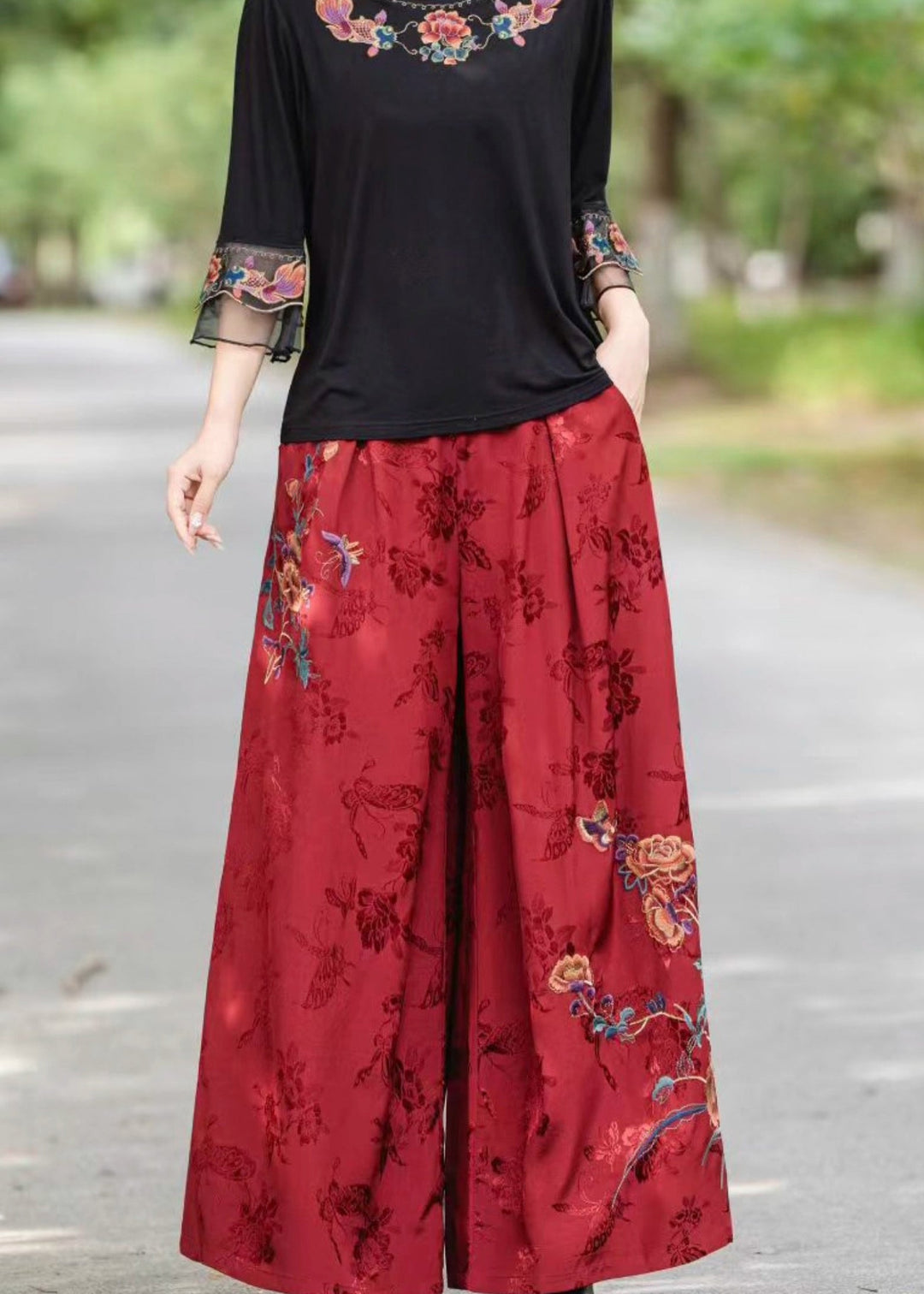 Red Pockets Jacquard Vintage Silk Pants Elastic Waist Fall