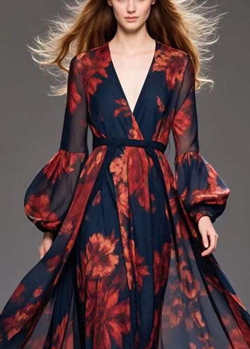 Red Print Chiffon Cinched Dress V Neck Extra Large Hem Fall