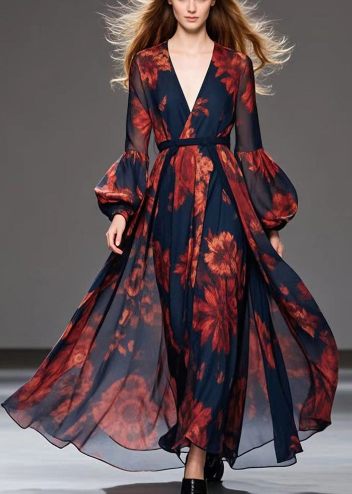 Red Print Chiffon Cinched Dress V Neck Extra Large Hem Fall