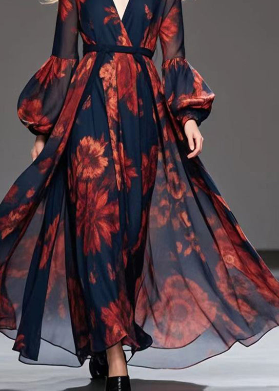 Red Print Chiffon Cinched Dress V Neck Extra Large Hem Fall