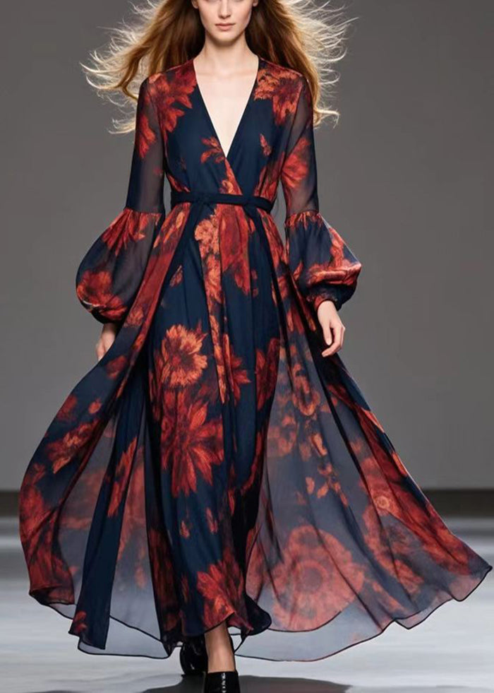 Red Print Chiffon Cinched Dress V Neck Extra Large Hem Fall