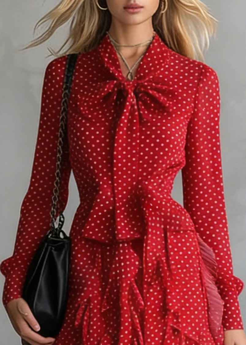 Red Print Chiffon Shirt Dress Bow Ruffles Spring