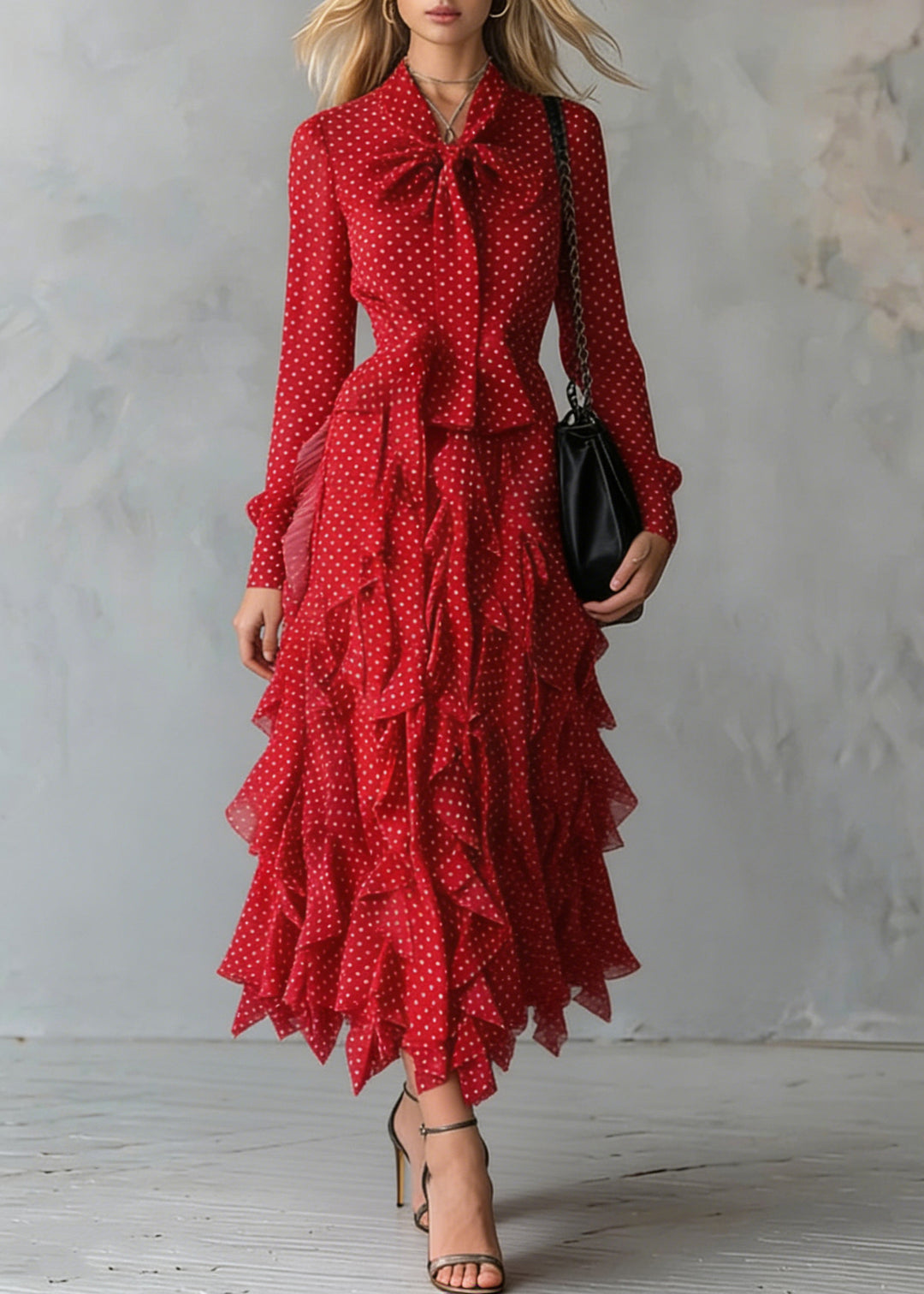 Red Print Chiffon Shirt Dress Bow Ruffles Spring