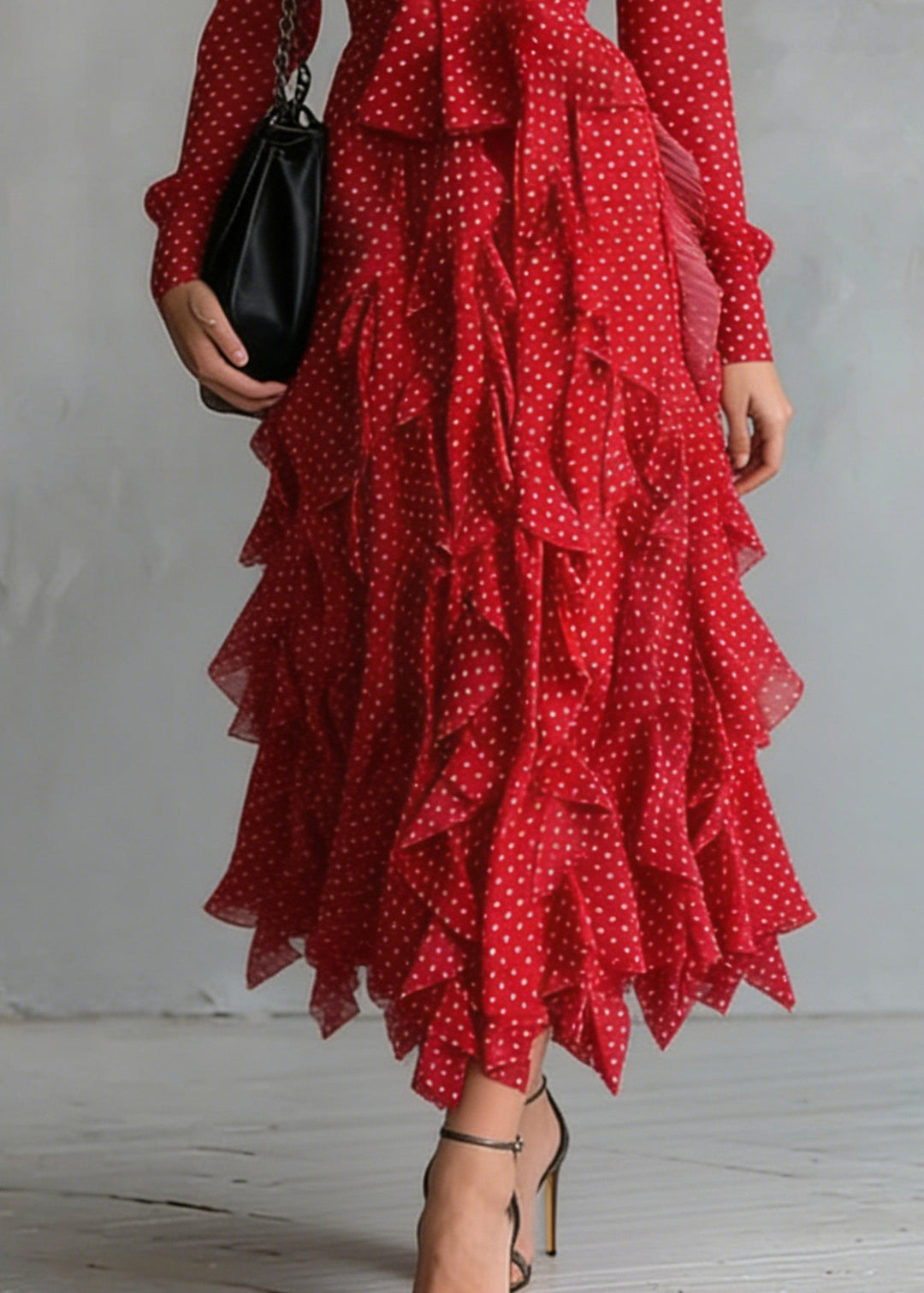 Red Print Chiffon Shirt Dress Bow Ruffles Spring