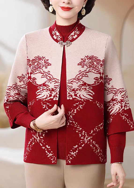 Red Print Cotton Knit Coats And Sweater Two Pieces Set Three Quarter Sleeve