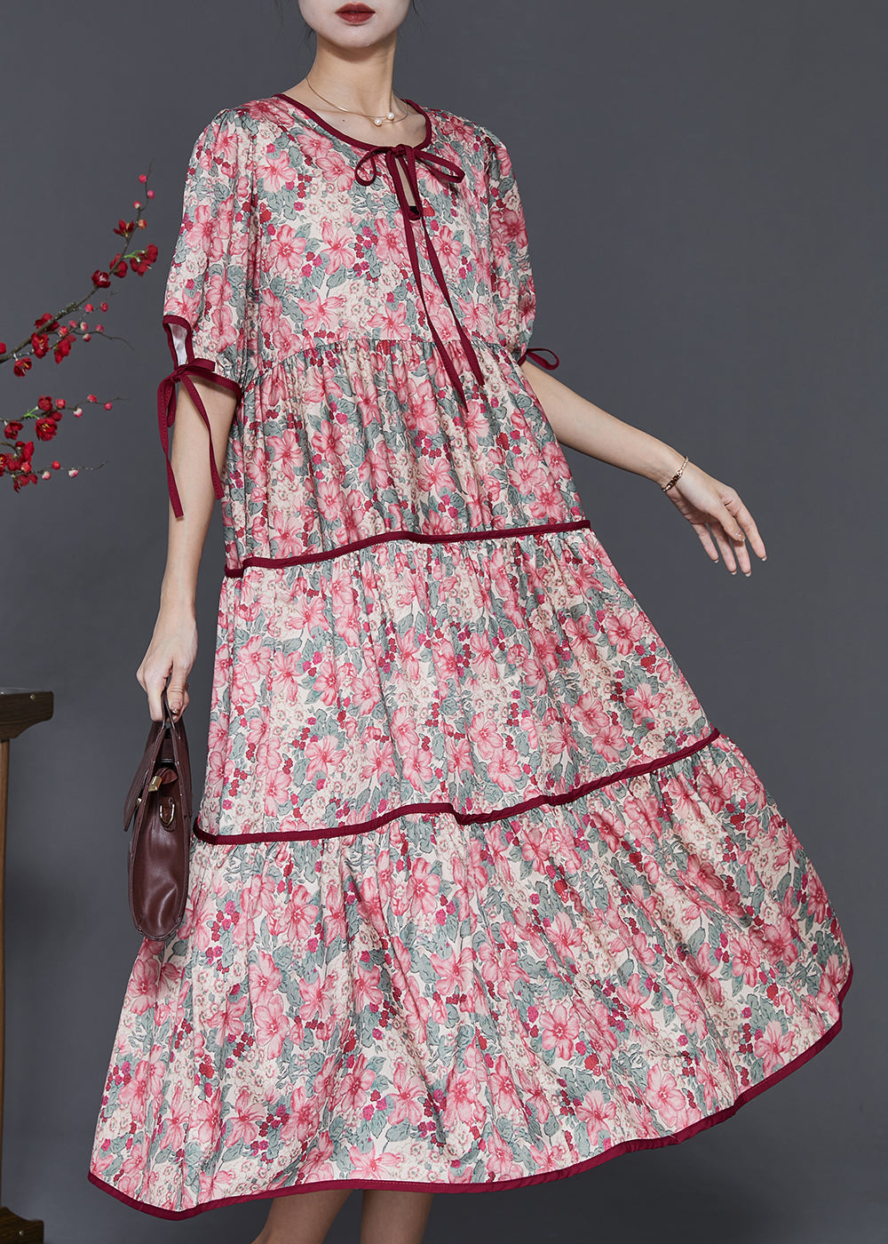 Red Print Cotton Long Dresses Lace Up Spring