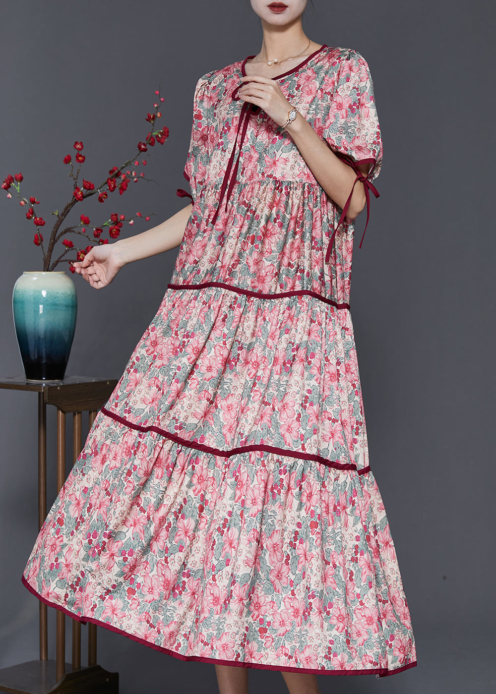 Red Print Cotton Long Dresses Lace Up Spring
