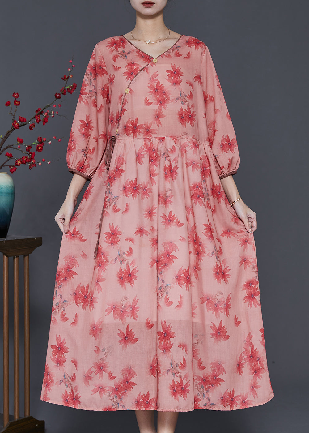 Red Print Linen Maxi Dress Lace Up Bracelet Sleeve