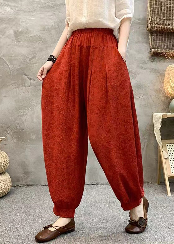 Red Print Pockets Cotton Crop Pants High Waist