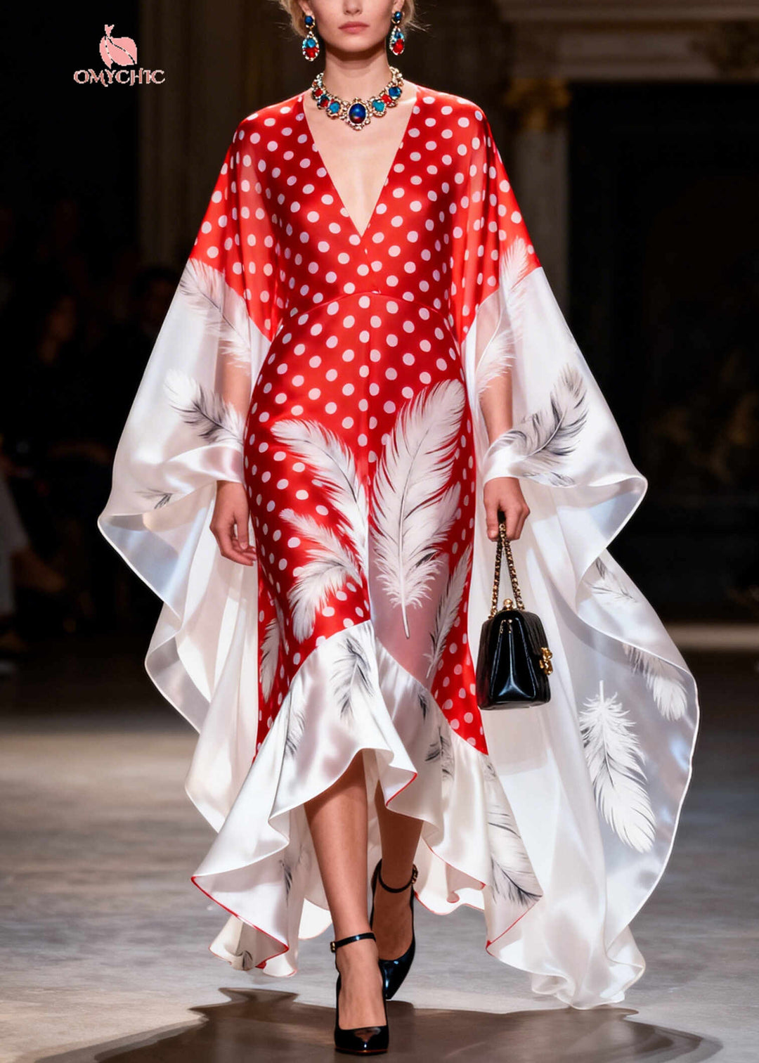 Red Print Silk Vacation Dresses Oversized Asymmetrical Design Summer