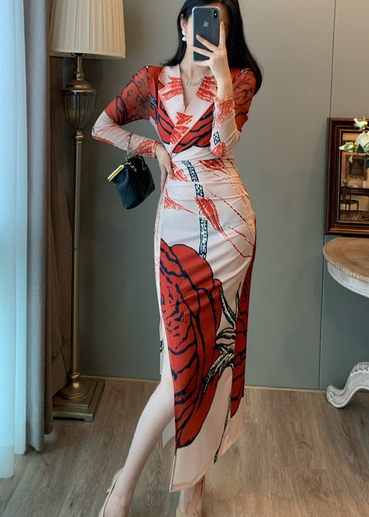 Red Print Tulle Wraped Dress Notched Side Open Summer