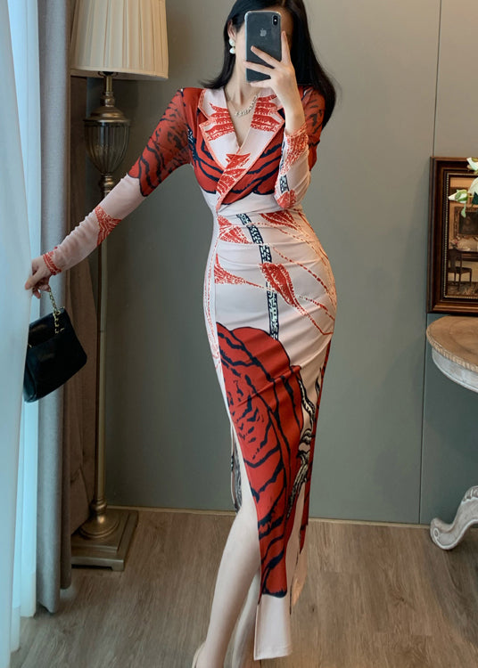 Red Print Tulle Wraped Dress Notched Side Open Summer