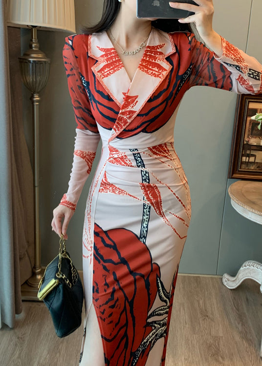 Red Print Tulle Wraped Dress Notched Side Open Summer