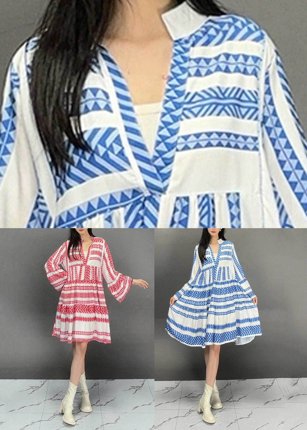 Red Print Wrinkled Patchwork Maxi Dress Fall