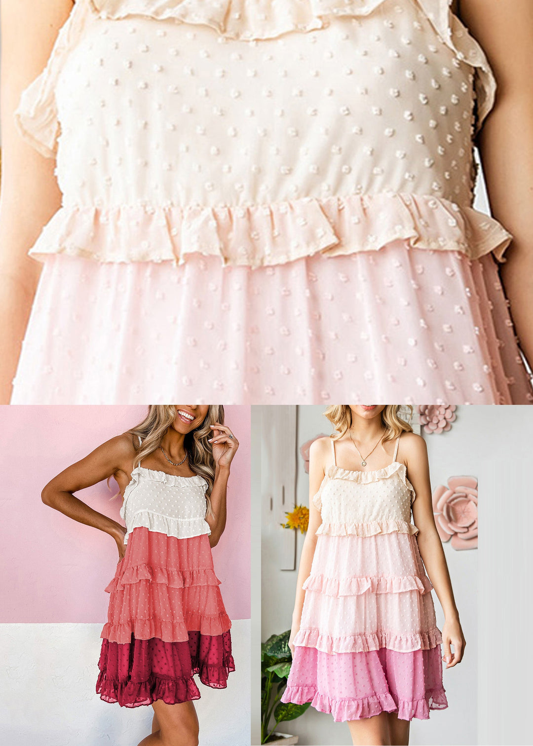 Red Ruffled Patchwork Chiffon Mid Spaghetti Strap Dresses Summer
